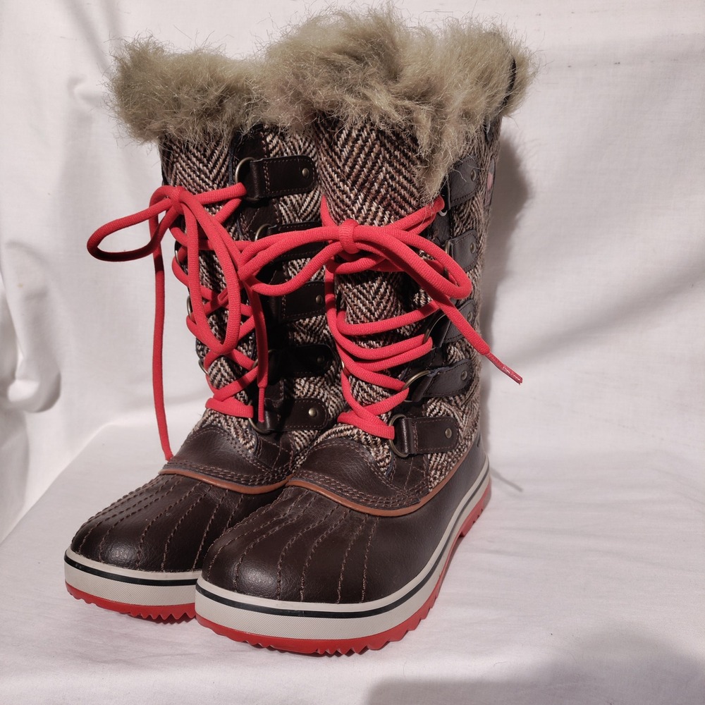Sorel Tofino Herringbone Winter Boots Brown  Faux Fur Waterproof NL2190-231 Sz 6